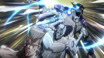 Enraged and devastated by the deaths of Avdol and Iggy, Polnareff unleashes his full rage on Vanilla Ice, killing him