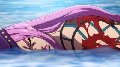 Anasui's corpse floating in the ocean after being impaled
