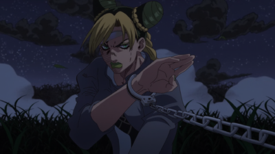 Jolyne handcuffed against Pucci in a sudden fight