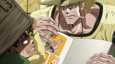 Boingo instructs Hol Horse to insert his fingers into Polnareff's nose