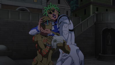 Secco being rubbed by Cioccolata for capturing footage of Narancia Ghirga's pained expression