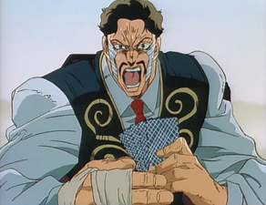 Onto the 2nd round of cards, he grows impatient with Jotaro for not looking at his own cards