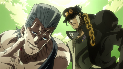 Readying to beat up Alessi with Polnareff