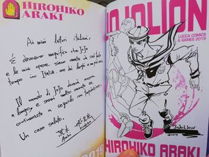 Note d'Araki tirée du premier volume italien limité de JoJolion