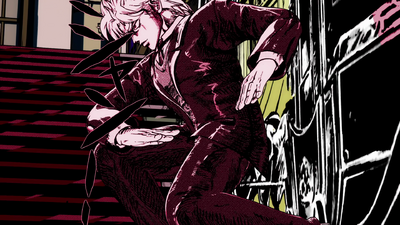 Dio jumping down, like he does from the carriage in Chapter 1