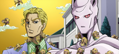 Harvest swarming Kira and his Stand, Killer Queen.