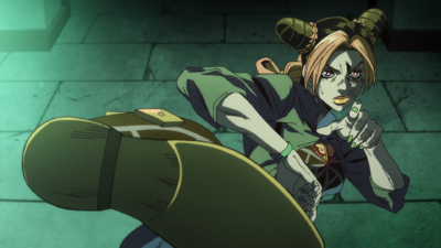 Jolyne delivers a kick on one of Limp Bizkit's zombies