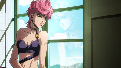 Trish under Team Bucciarati's protection; gazing out a window