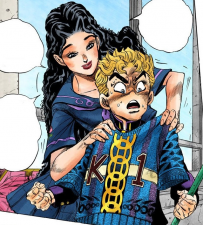 Showing off a sweater she knitted for Koichi