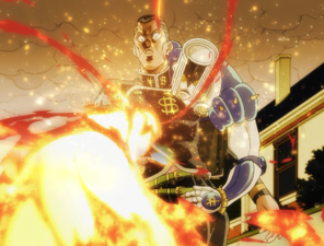 Okuyasu fatally wounded by Killer Queen's air bomb