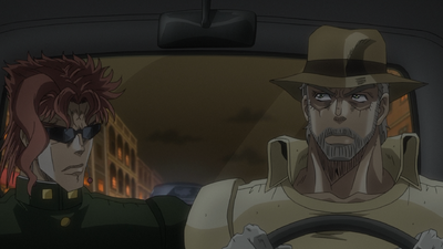 Kakyoin and Joseph in a car, attempting to find DIO