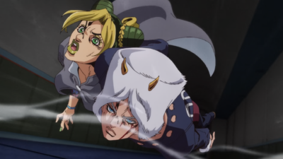 Weather carrying Jolyne as he flies through the air
