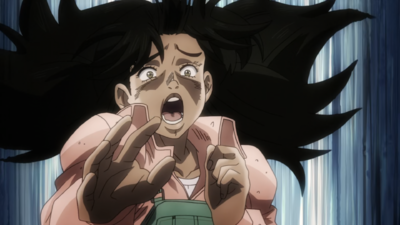 Anne is shocked by Jotaro being set on fire by Wheel of Fortune.