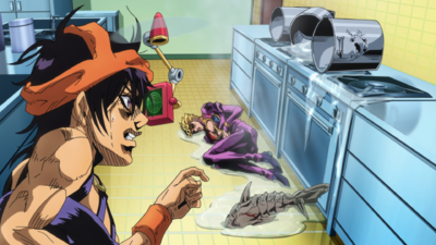 Narancia finding Clash in the kitchen with Giorno