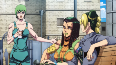 Jolyne lounging with Ermes and F.F. in the Prison Yard