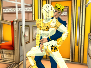 Giorno and Gold Experience in a trailer
