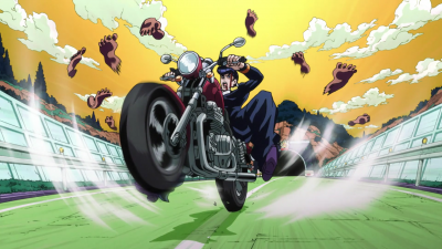 Chasing after Josuke, riding away on Rohan's motorcycle
