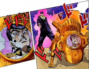 Ratt's backside, pointing towards Josuke.