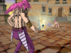 Diavolo witnessing Giorno stabs himself with the Arrow