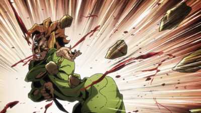 Fugo attacked by Man in the Mirror using rocks