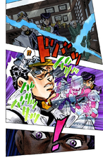 Josuke tears the image, causing the damage done to the print to be reflected on Jotaro and himself