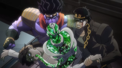 Star Platinum dragging out Hierophant Green