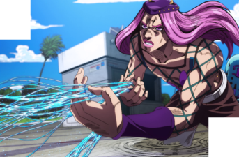Anasui in great distress as Jolyne's threads spread out after she is struck in the chest by C-MOON