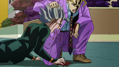 Kira beats Koichi's face into the pavement for humiliating him.