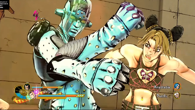 Stone Free's duplicated arm caused by Kiss' sticker in Jolyne's DHA with Ermes