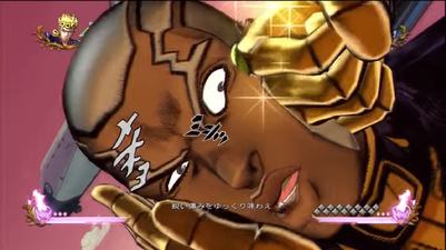 Pucci's head being punched by Gold Experience in an unique animation in Giorno Giovanna's HHA