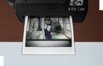 A câmera de Atom Heart Father tira uma foto polaroid de Josuke e Jotaro.