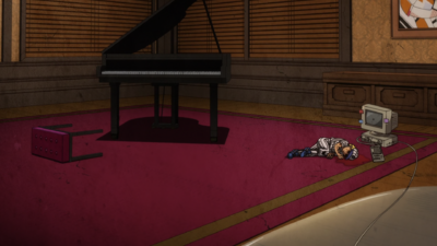 Emporio lying on the ground bleeding next to the ghost computer after being shot by Miu Miu