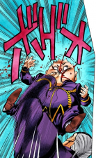 Shigechi gets punched in the face by Okuyasu once his guard is lowered