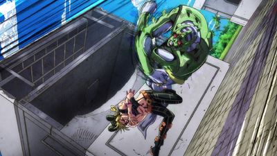 C-MOON landing two strikes on Jolyne on her inside-out parts, reversing its effect