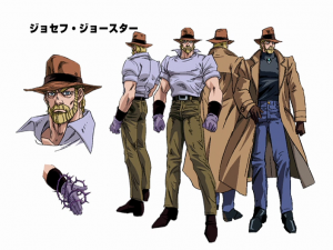 Joseph's colored OVA model sheet featuring Hermit Purple (Bottom left)