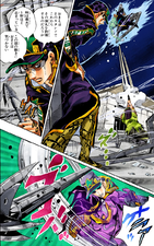 As Ermes shoots at Pucci, Jotaro stops time and launches a spear at him
