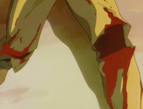 As a last ditch effort, he strains his legs so they squirt blood onto Jotaro's eyes, blinding him