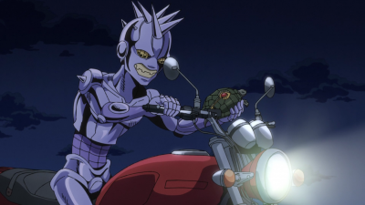 Melone's Baby Face attempting to escape with Coco Jumbo on a motorbike