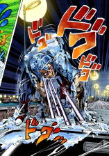 Ghiaccio uses his Stand to encase himself in thick ice