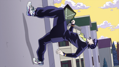 Mikitaka forcing Josuke to scale a wall with Earth Wind And Fire