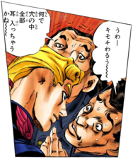 Giorno's first appearance, stuffing his ear into his head