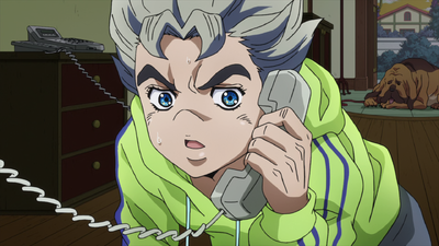 On the phone with Josuke, trying to track down Highway Star's user