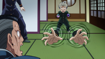 As mãos de Koichi incapazes de entrar no domínio de Atom Heart Father.