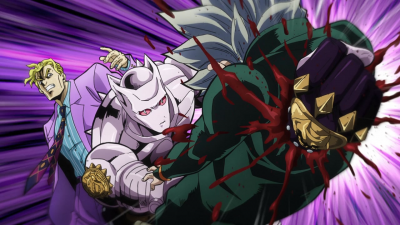Koichi being fatally impaled by Killer Queen's fist