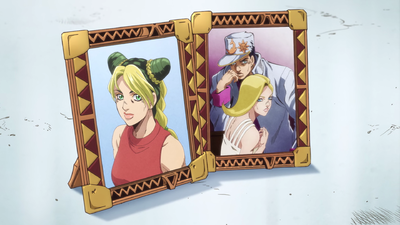 2 photos: One of Jolyne, and one of Jotaro and his wife