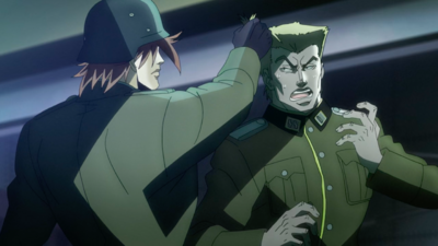 Stroheim's hair being pulled by Joseph in disguise