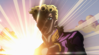 The sun shining behind Giorno's partially-silhouetted face