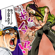 Emporio watches as Ermes is attacked by a Stand ability