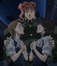 Kakyoin catches two flight attendants to prevent them from falling.
