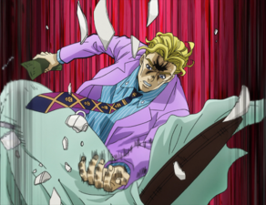 Kira's hand crashes through a table due to the incredible weight placed upon it